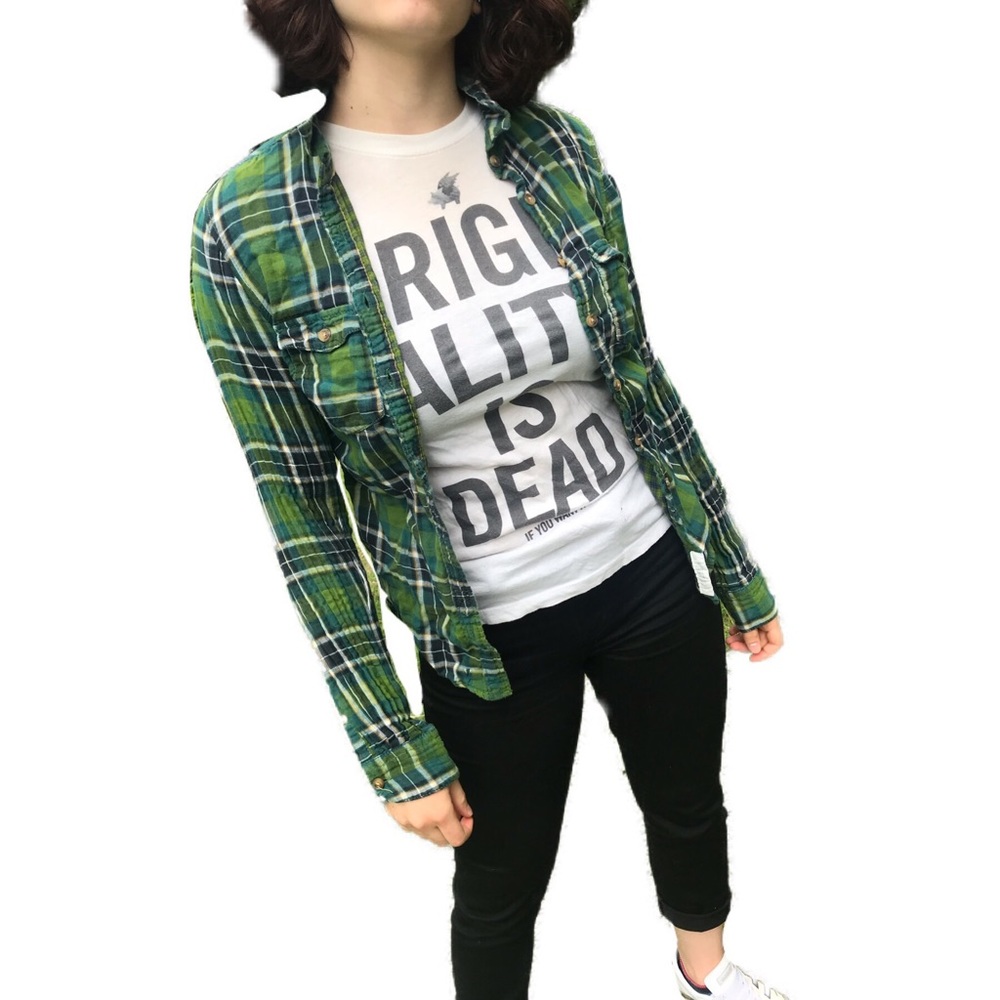 Thin green / blue / yellow / white plaid flannel